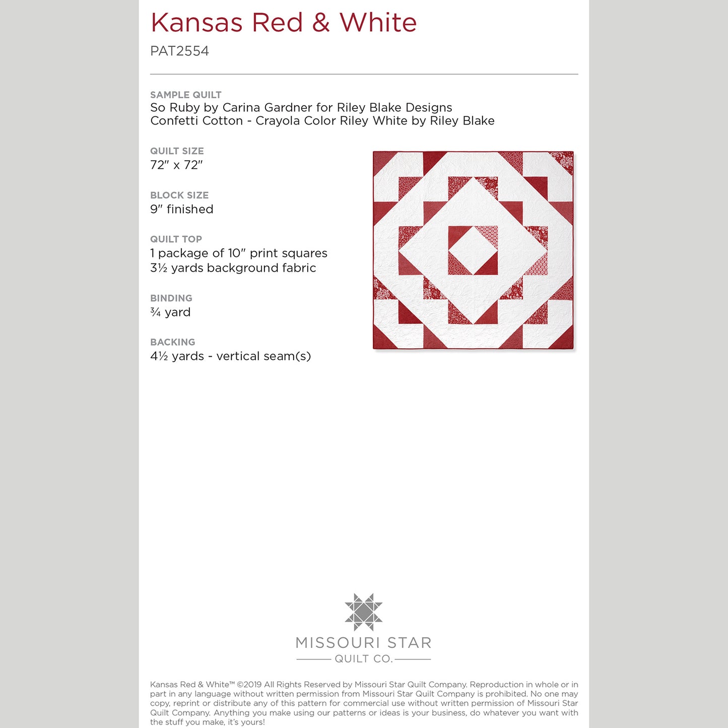 Digital Download - Kansas Red & White Quilt Pattern by Missouri Star Alternative View #1