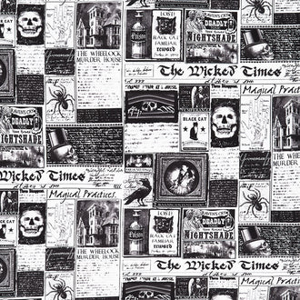 Wicked - Wicked Time Newspaper White Yardage