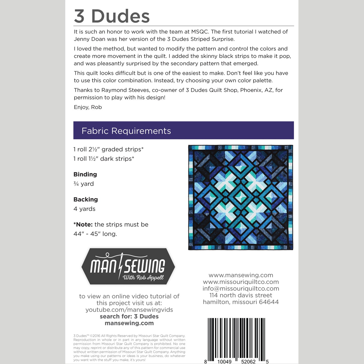 Digital Download - Three Dudes Quilt Pattern from Man Sewing Alternative View #1