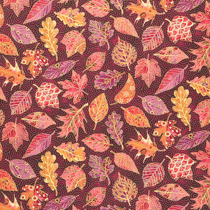 Jeweled Leaves - Leaves Aubergine Metallic Yardage