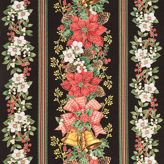 Deck The Halls - Christmas Poinsettia 11" Stripe Black Metallic Yardage