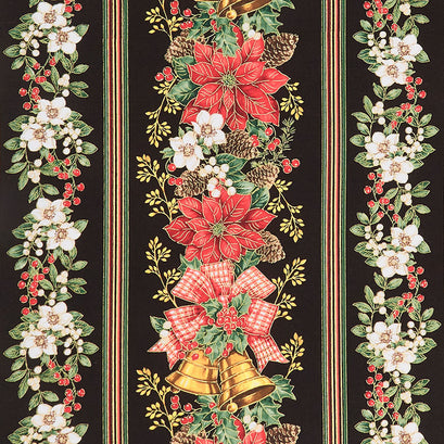 Deck The Halls - Christmas Poinsettia 11" Stripe Black Metallic Yardage