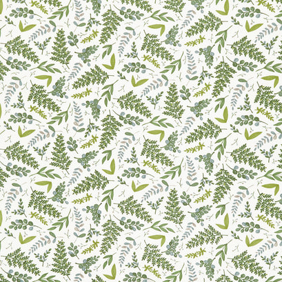 Happiness Blooms - Tossed Ferns and Foliage White Washed Yardage