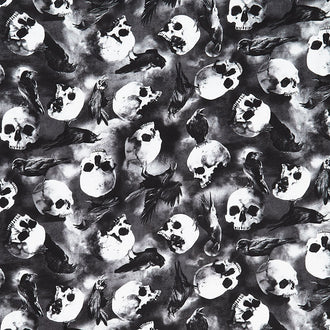 Wicked - Ravens on Skulls Grey Yardage