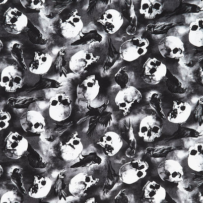 Wicked - Ravens on Skulls Grey Yardage