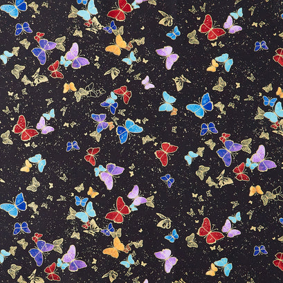 Wings of Gold - Tossed Butterflies Black Metallic Yardage