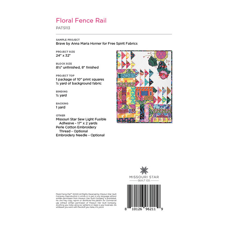Digital Download - Floral Fence Rail Quilt Pattern by Missouri Star