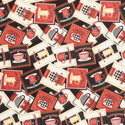 Coffee Always - Labels All Over Black Yardage