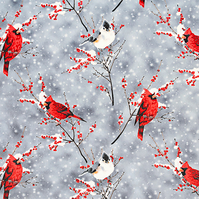 Cuddle® Prints - Cardinal Sparrow Silver Digitally Printed Minky Yardage Primary Image