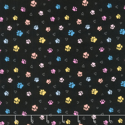 Cats - Pretty Cat Paws Black Yardage