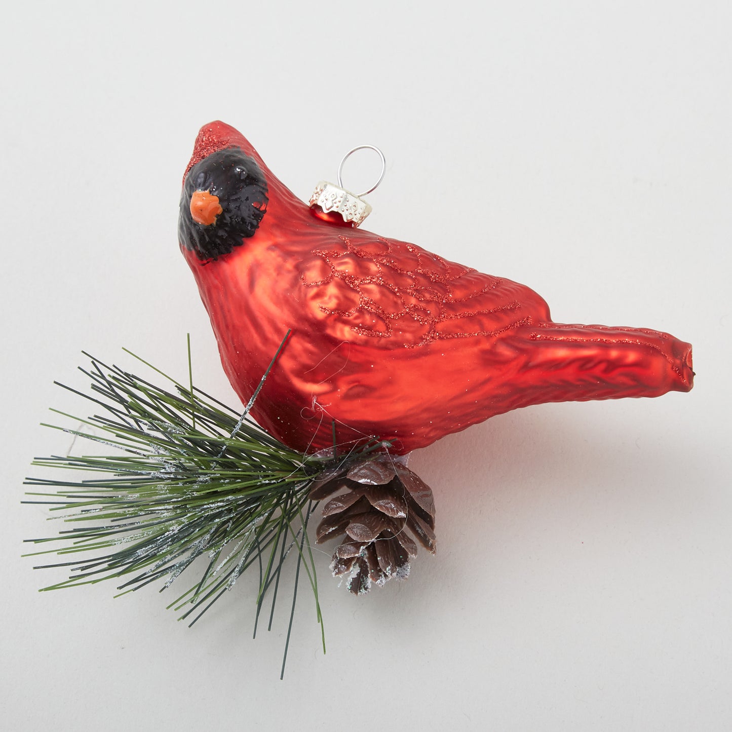 3.5" Red Glittered Blown Glass Cardinal Ornament with Pine - FOR WEBSITE & FOR HOLIDAY STORE Primary Image