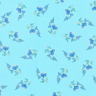 Royal Plume - Tossed Blue Small Florals Turquoise Metallic Yardage
