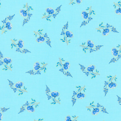 Royal Plume - Tossed Blue Small Florals Turquoise Metallic Yardage