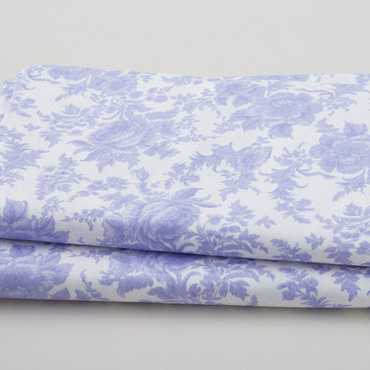 Fleur de Fleur - Large Floral on White Soft Blue 108" Wide 3 Yard Cut