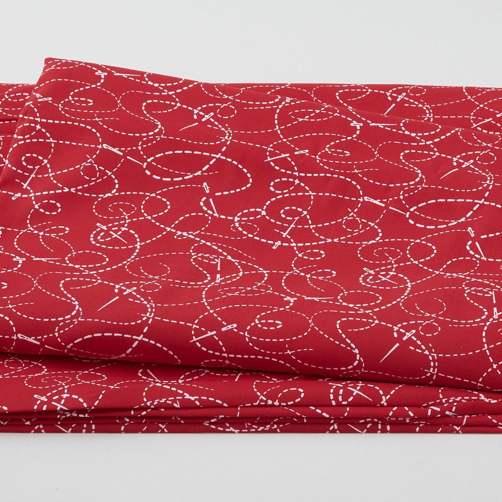 Needle & Thread - Threaded Lines & Needle White on Red 108" Wide 3 Yard Cut Primary Image