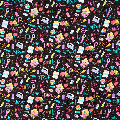 Quilt Retreat - Sewing Notions Black Multi Yardage