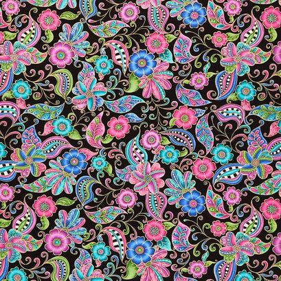 Alluring Butterflies - Floral Paisley Black Metallic Yardage
