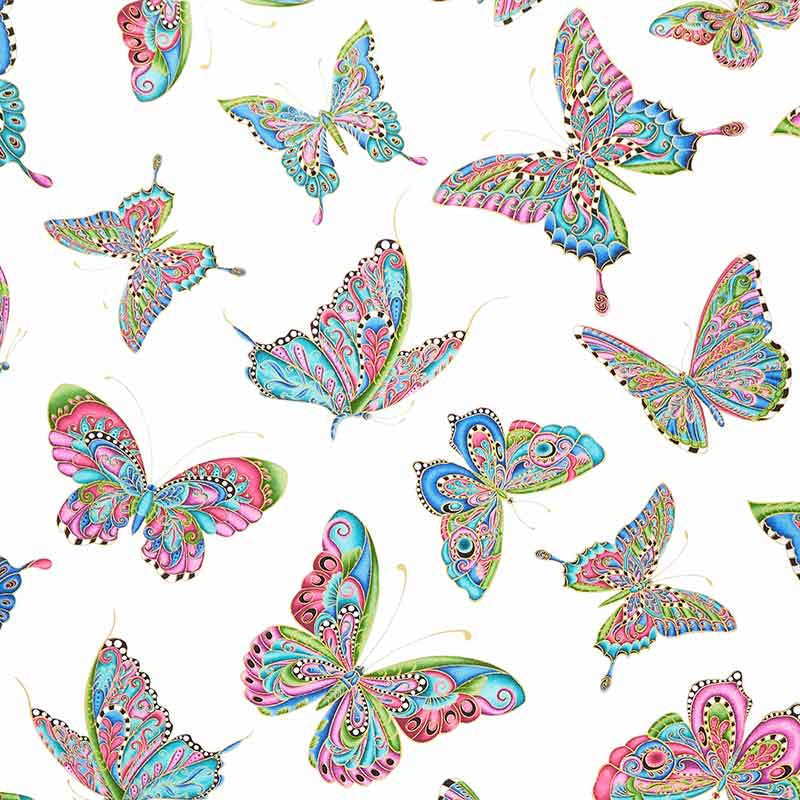 Alluring Butterflies - Buttefly Aflutter White Metallic Yardage Primary Image