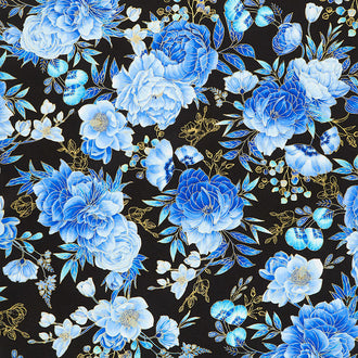 Royal Plume - Blue Large Florals Black Metallic Yardage