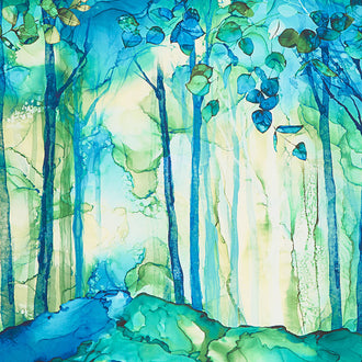 Morning Light - Tree Full Border Blue Multi Yardage