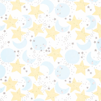 D is for Dream - Star and Moon Faces White Yardage