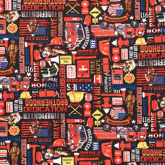 Novelty - Firefighters Equipment and Text Black Yardage