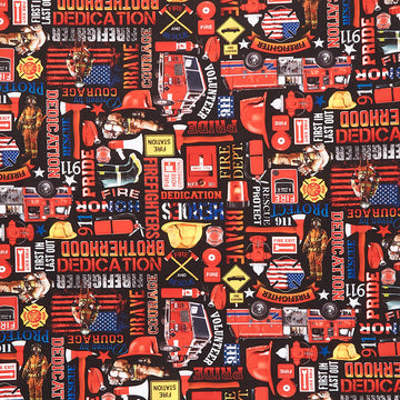 Novelty - Firefighters Equipment and Text Black Yardage Primary Image