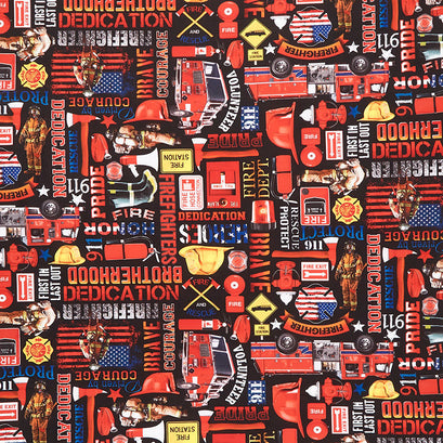 Novelty - Firefighters Equipment and Text Black Yardage