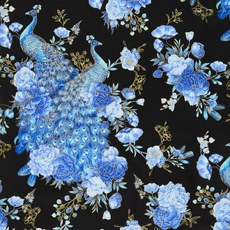 Royal Plume - Royal Blue Peacocks and Florals Black Yardage