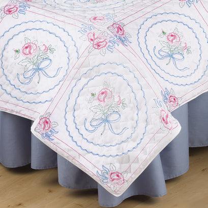 Ribbon Rose Embroidery Quilt Blocks Set