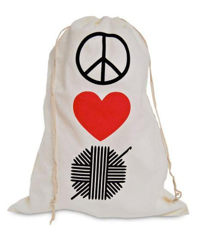 Knitterella "Peace, Love, Crochet" Drawstring Project Bag