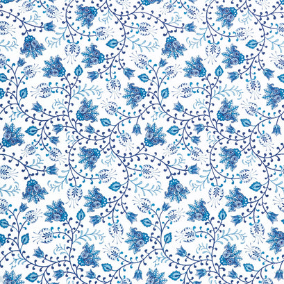 Blooming Blue - Tulip Vines White Yardage