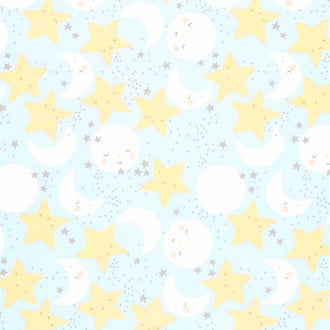 D is for Dream - Star and Moon Faces Blue Yardage