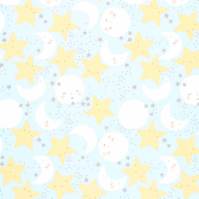 D is for Dream - Star and Moon Faces Blue Yardage