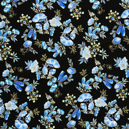 Royal Plume - Blue Florals And Feathers Black Metallic Yardage Primary Image