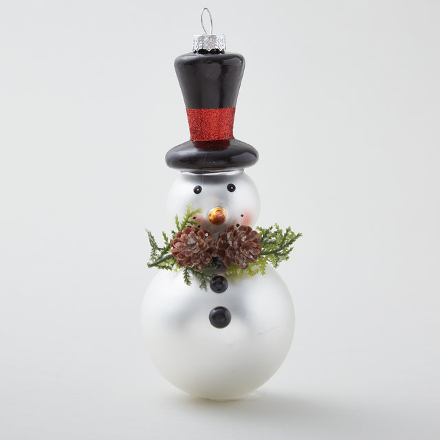 6.5" Matte White Blown Glass Snowman Ornament w/Pinecones - FOR WEBSITE & HOLIDAY STORE Primary Image