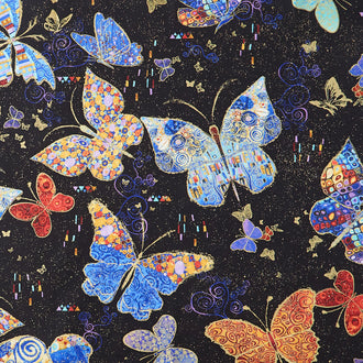 Wings of Gold - Large Flying Butterflies Black Metallic Yardage