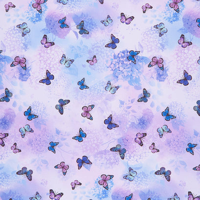 Hydrangea Bliss - Tossed Flying Butterflies Purple Yardage