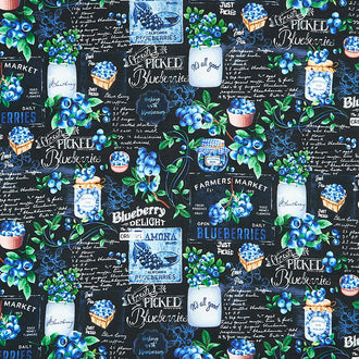 Blueberry Delight - Blueberries Marker Sign Navy Yardage