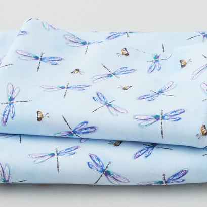 Fanciful Flight - Bees & Dragonflies Toss Blue 3 Yard Cut