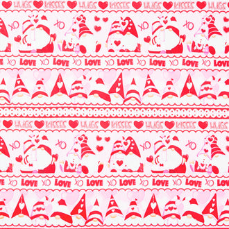 Gnomie Love - Novelty Stripes Gnomes Pink/Red Yardage