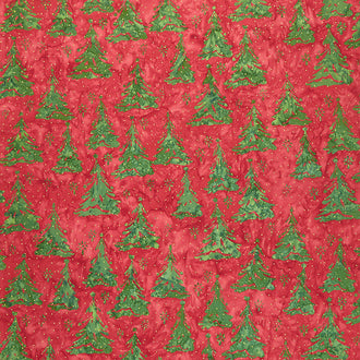 All Is Bright Batiks - Trees Red Cherry Metallic Yardage