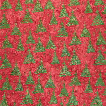 All Is Bright Batiks - Trees Red Cherry Metallic Yardage