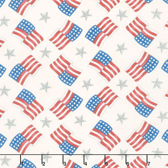 America the Beautiful - Flags & Stars Distressed White Yardage