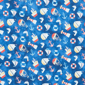 Out to Sea - Tossed Nautical Blue Multi Yardage