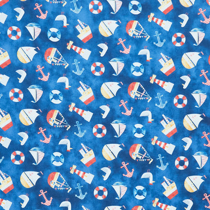Out to Sea - Tossed Nautical Blue Multi Yardage