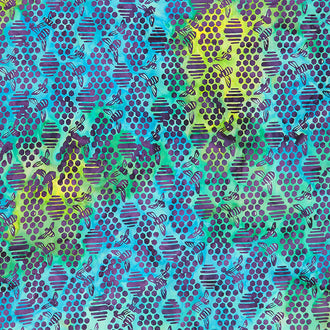 Happy Hive Batiks - Bee Honeycomb Multi Blue Green Marbles Yardage
