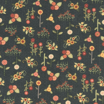 Home Sweet Home - Small Appliqué Flowers Black Yardage