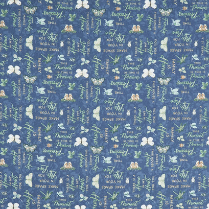 Green Fields - Words Dark Blue Yardage