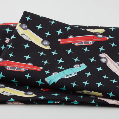 Diners & Drive Ins - Tossed Classic Cars Black 2 Yard Cut